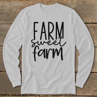 White long-sleeve shirt with "Farm Sweet Farm" text design.