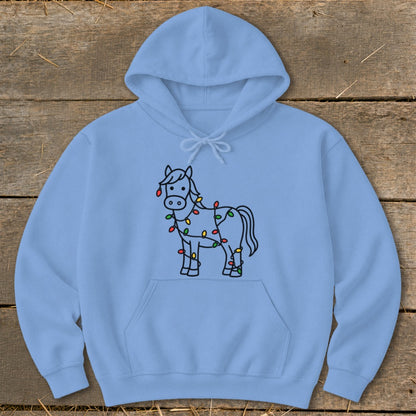 Light blue hoodie with a cartoon horse wrapped in colorful Christmas lights.