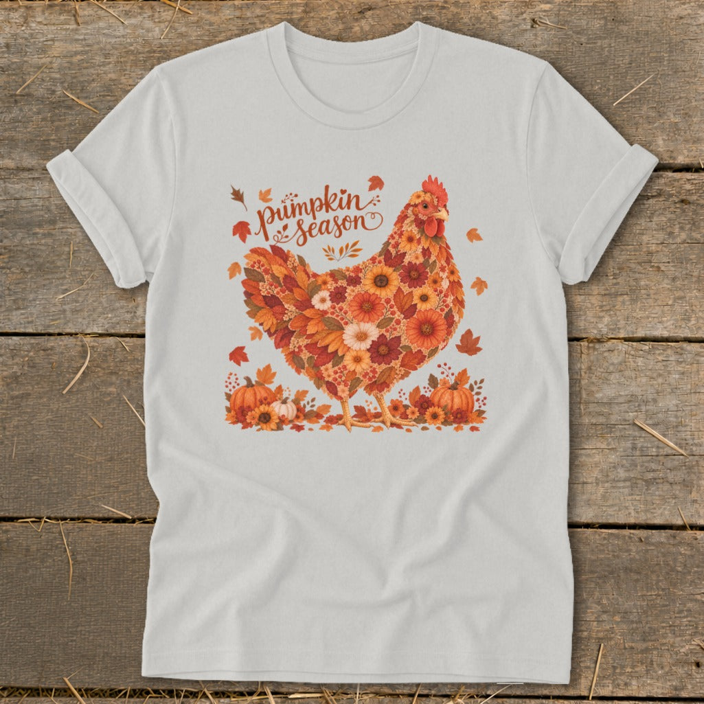 White t-shirt with a floral chicken graphic and "Pumpkin Season" text.