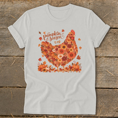 White t-shirt with a floral chicken graphic and "Pumpkin Season" text.