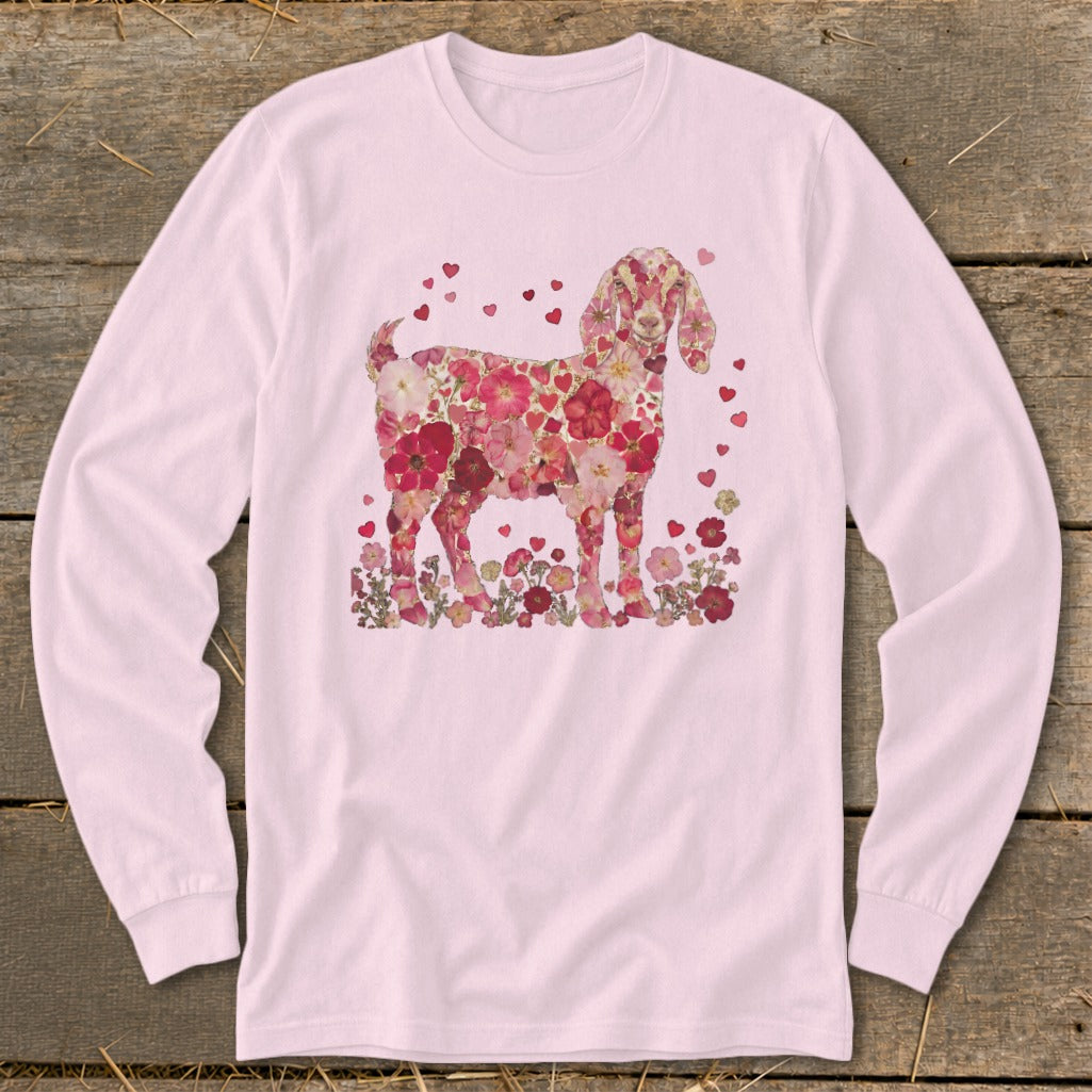 Pink long sleeve shirt with a goat silhouette made of pink and red flowers and hearts.