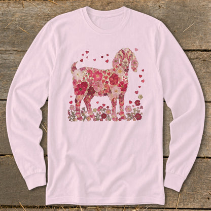 Pink long sleeve shirt with a goat silhouette made of pink and red flowers and hearts.