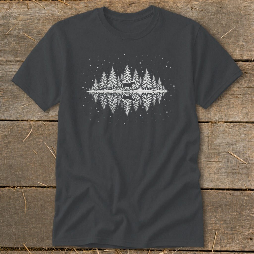 Dark grey t-shirt with white graphic of pine trees, a deer, and reflection.
