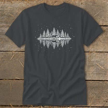Dark grey t-shirt with white graphic of pine trees, a deer, and reflection.
