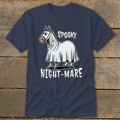 Horse wearing a ghost costume with text "SPOOKY NIGHT-MARE"