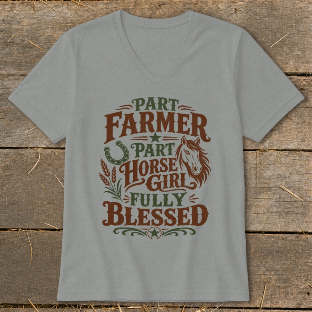 Grey t-shirt with "Part Farmer, Part Horse Girl, Fully Blessed" text and horse graphic.