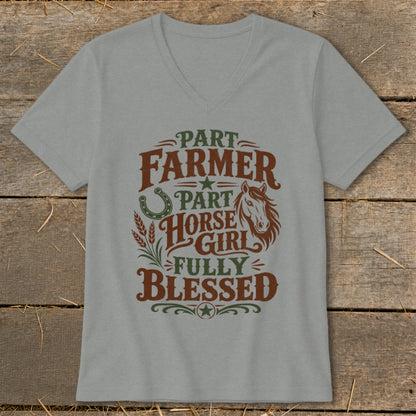 Grey t-shirt with "Part Farmer, Part Horse Girl, Fully Blessed" text and horse graphic.