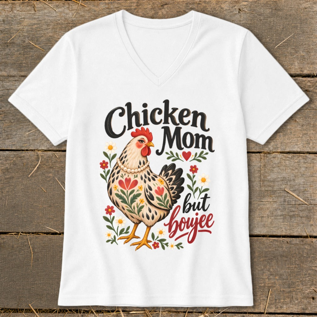 White t-shirt with "Chicken Mom but boujee" text and a decorative chicken.