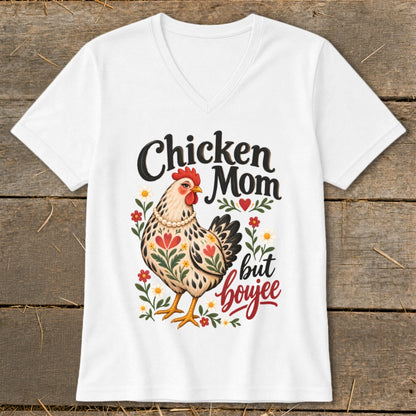 White t-shirt with "Chicken Mom but boujee" text and a decorative chicken.