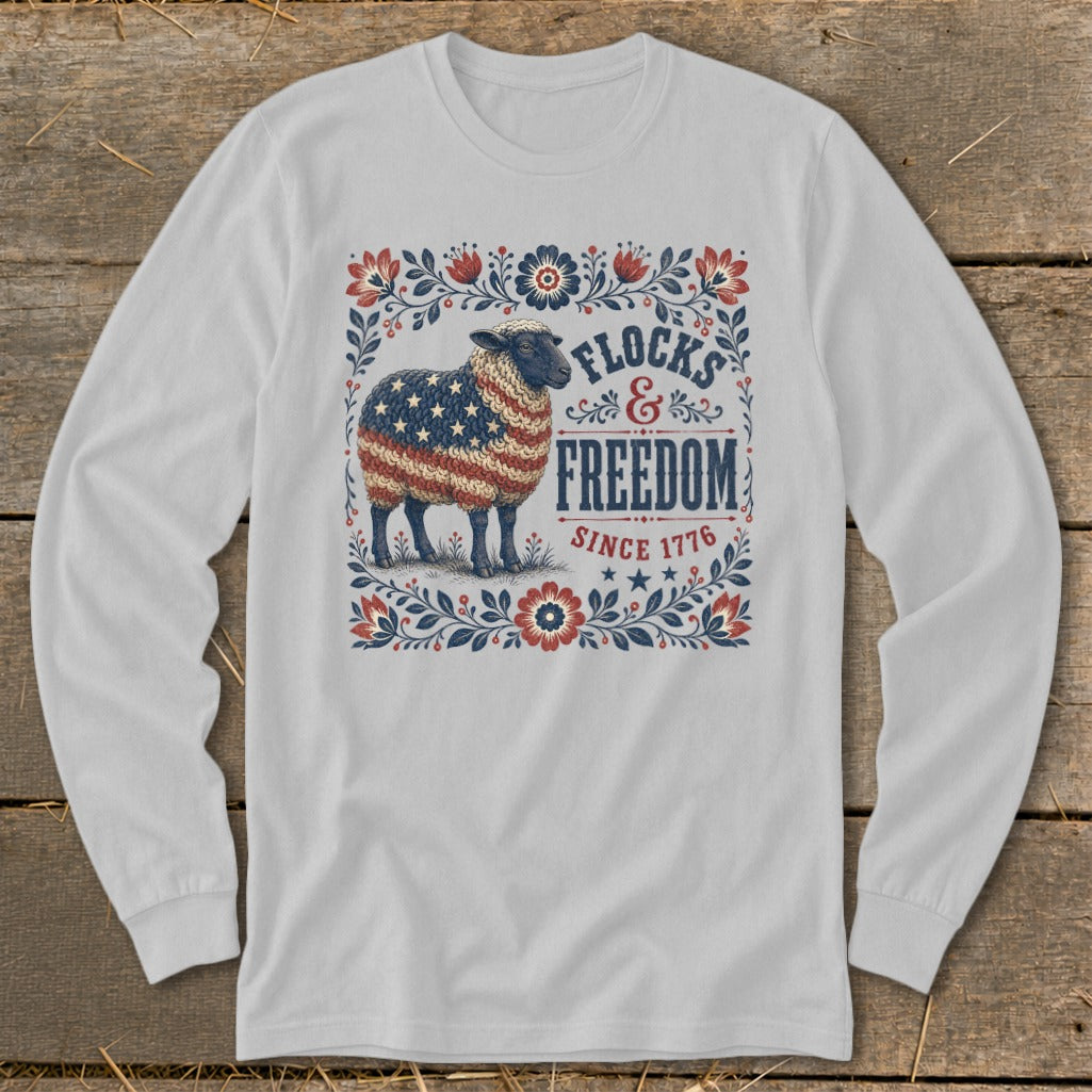 Sheep with American flag pattern and text "Flocks & Freedom Since 1776".