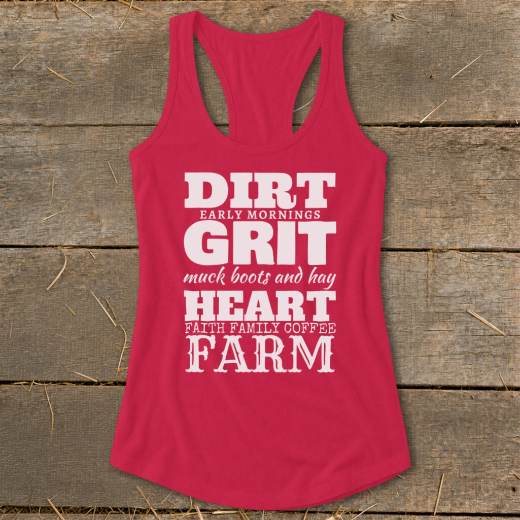 Red tank top with "Dirt, Grit, Heart, Farm" graphic in white text.