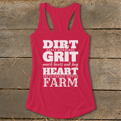 Red tank top with "Dirt, Grit, Heart, Farm" graphic in white text.