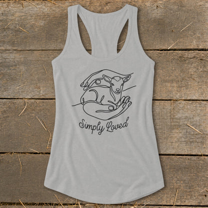 Grey tank top with line art of hands holding a lamb and text "Simply Loved".