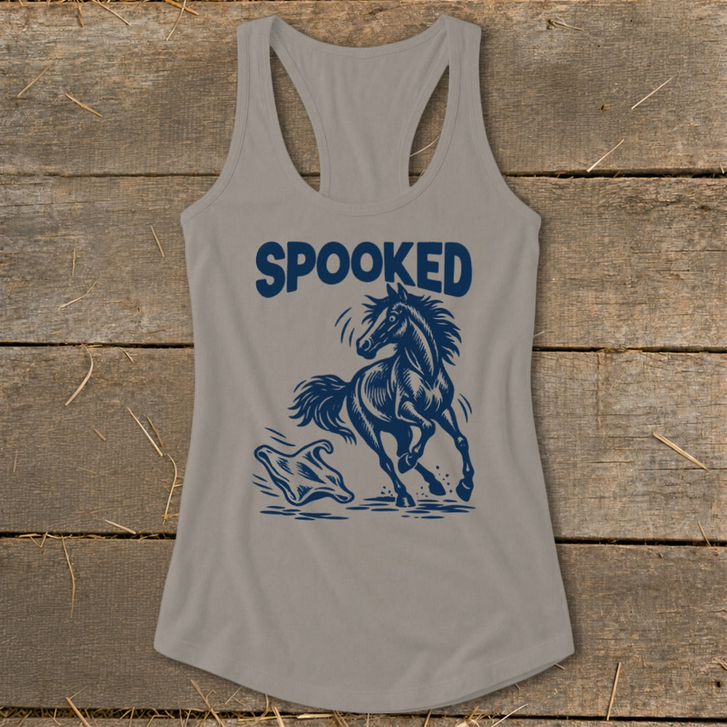Tank top with "SPOOKED" text and a running horse with a ghostly figure.