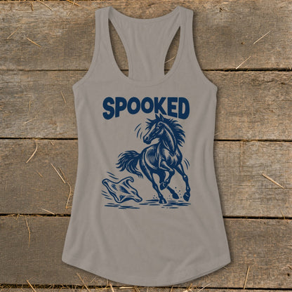 Tank top with "SPOOKED" text and a running horse with a ghostly figure.