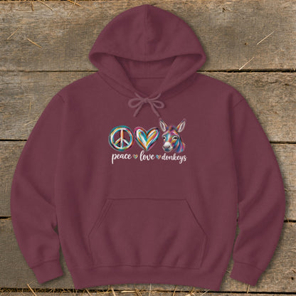 Maroon hoodie with peace symbol, heart, and donkey, reading "peace love donkeys".