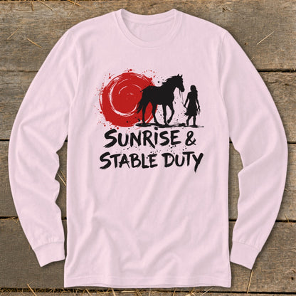 Long-sleeve shirt with black silhouette of a horse and rider, red sun graphic, and text.