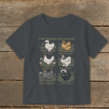 T-shirt graphic with "The Backyard Flock" title and illustrations of six chicken breeds.