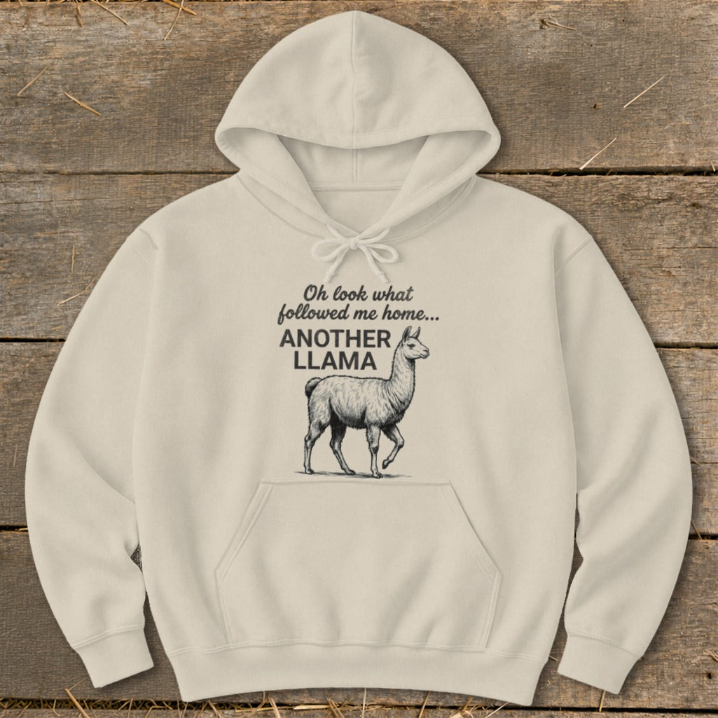 Cream hoodie with "Another Llama" text and a sketch of a llama.