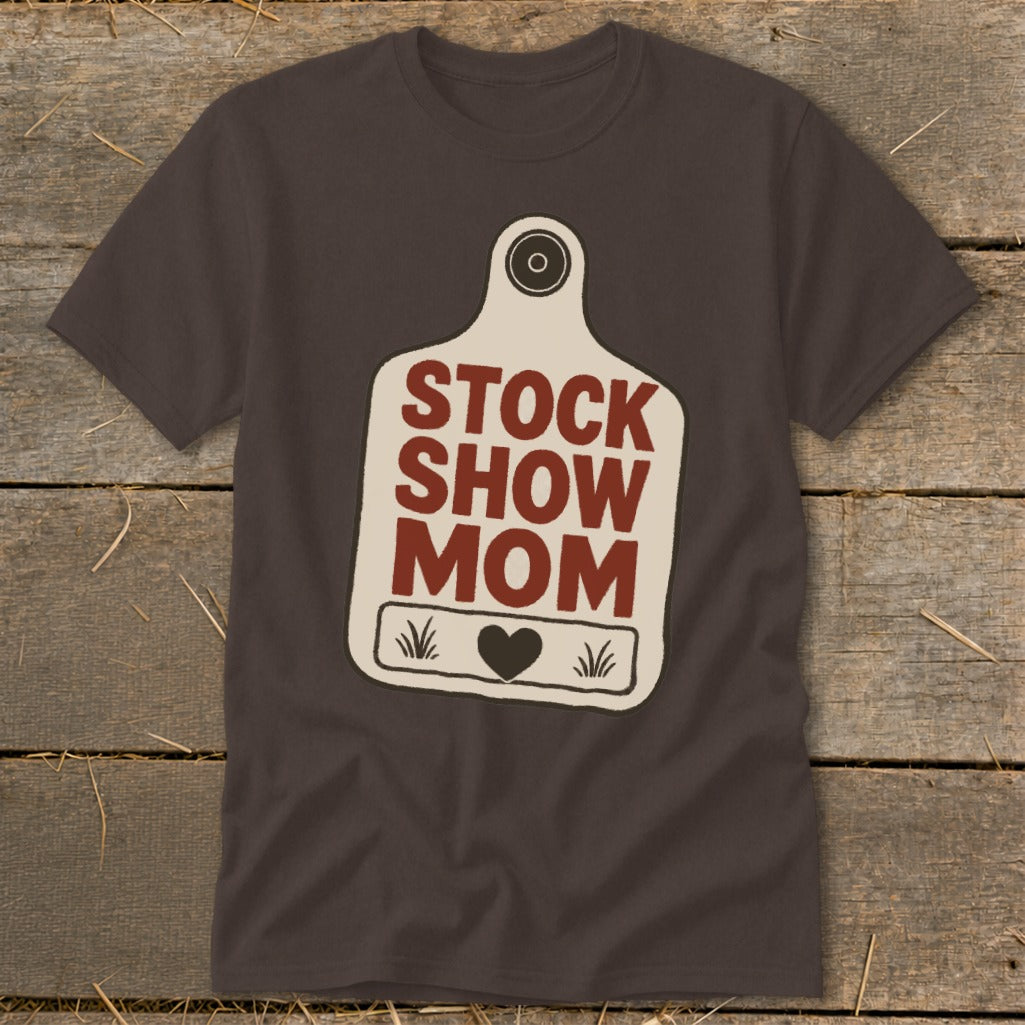 Brown t-shirt with "Stock Show Mom" printed on a tag graphic.