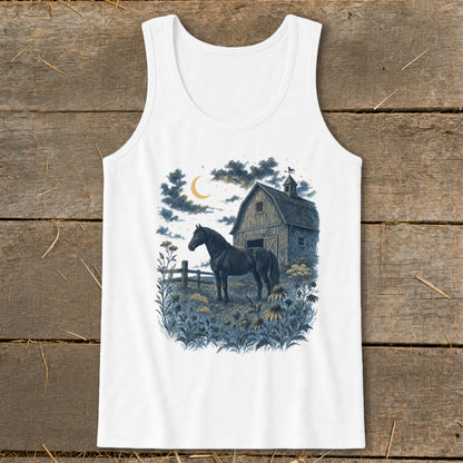 Black horse standing in a field with a barn under a crescent moon.