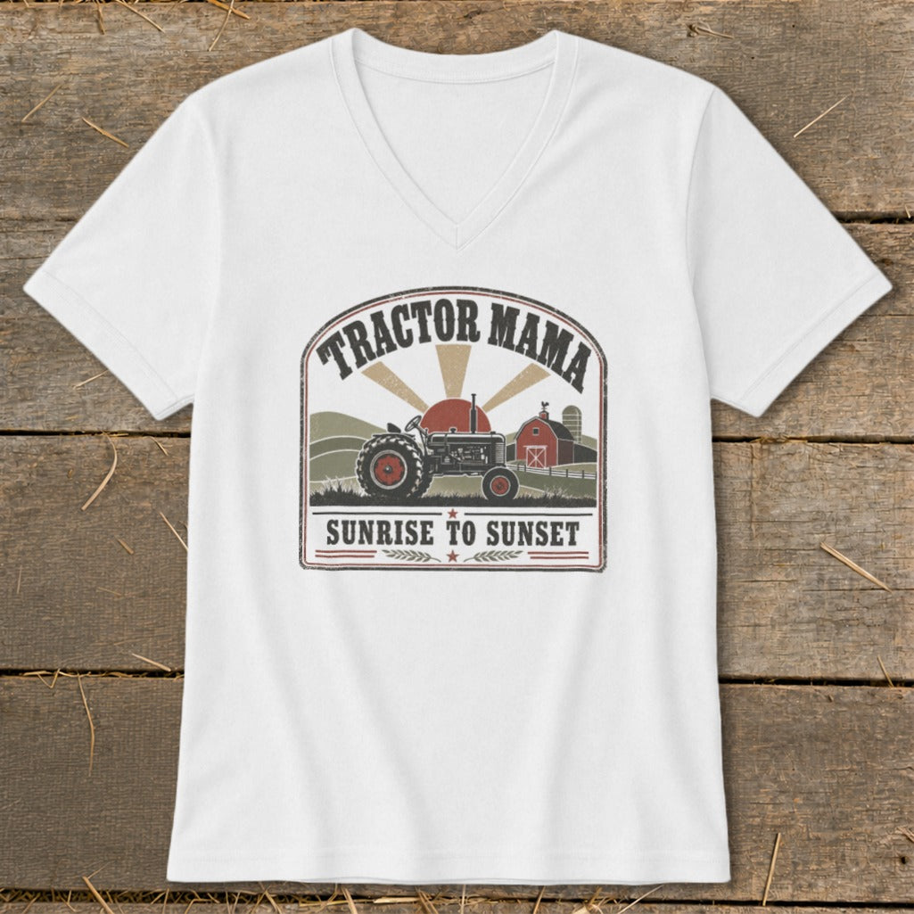 White t-shirt with graphic "Tractor Mama Sunrise to Sunset" and farm scene.