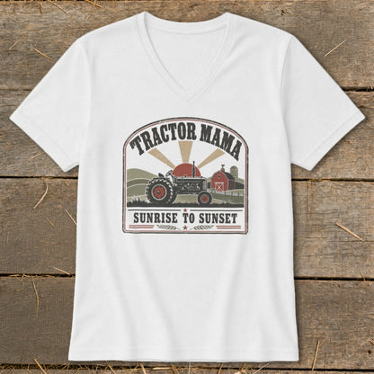 White t-shirt with graphic "Tractor Mama Sunrise to Sunset" and farm scene.
