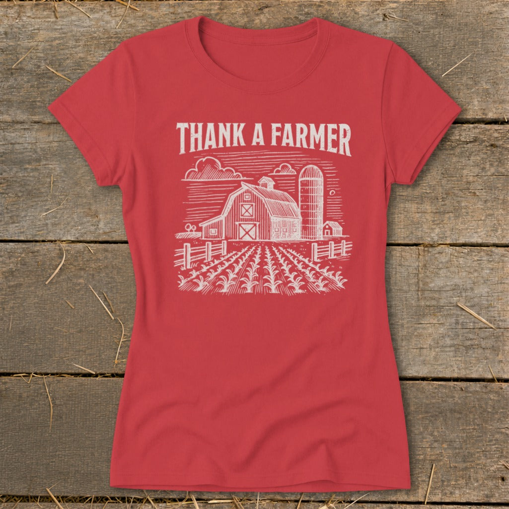 Red t-shirt with "THANK A FARMER" and a barn and cornfield graphic.