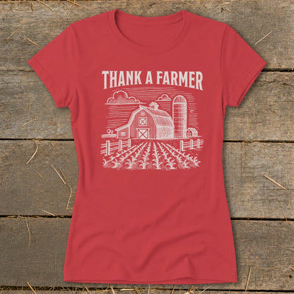 Red t-shirt with "THANK A FARMER" and a barn and cornfield graphic.