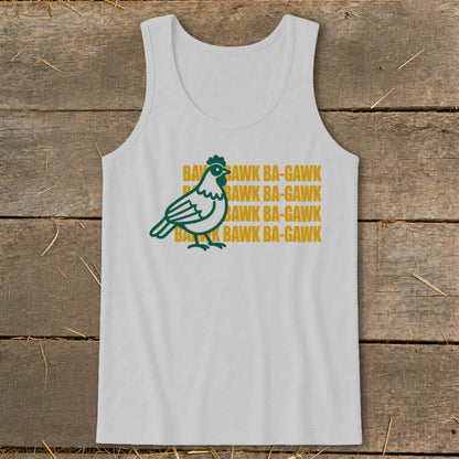White tank top with green chicken graphic and "BAWK BA-GAWK" text.