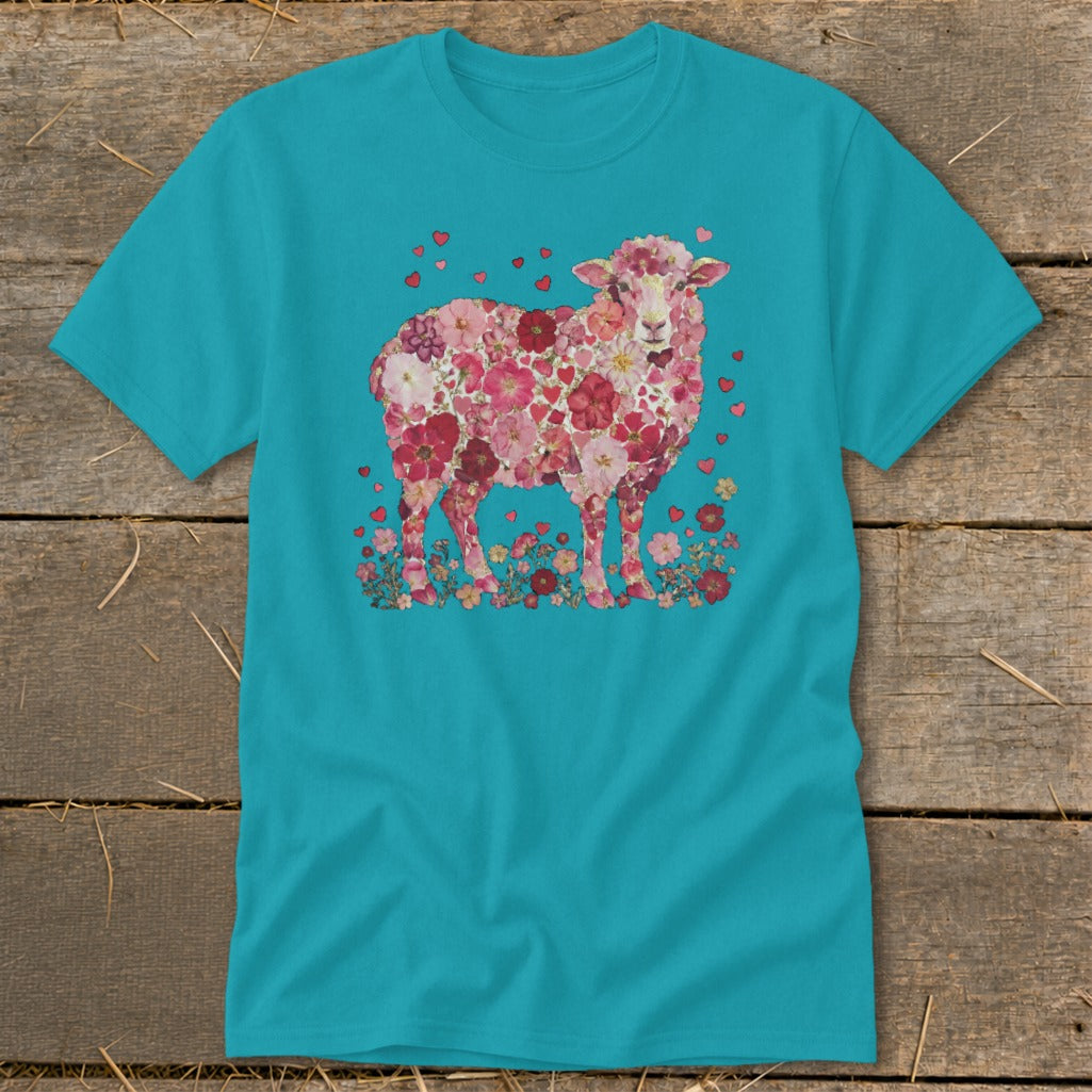 Teal t-shirt featuring a sheep made of pink and red flowers and hearts.