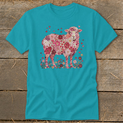 Teal t-shirt featuring a sheep made of pink and red flowers and hearts.
