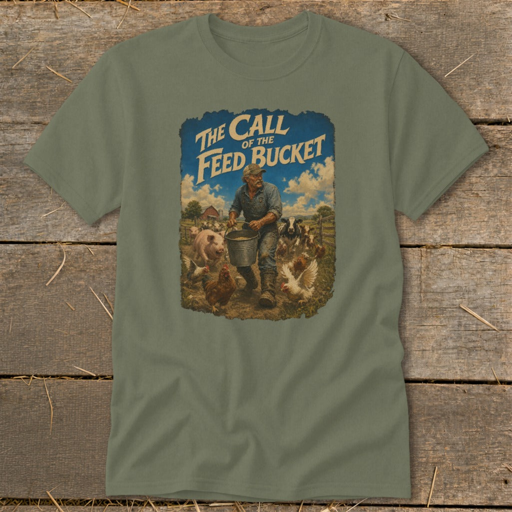 Graphic of a farmer feeding farm animals with text "The Call of the Feed Bucket".