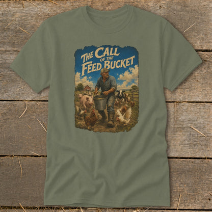 Graphic of a farmer feeding farm animals with text "The Call of the Feed Bucket".