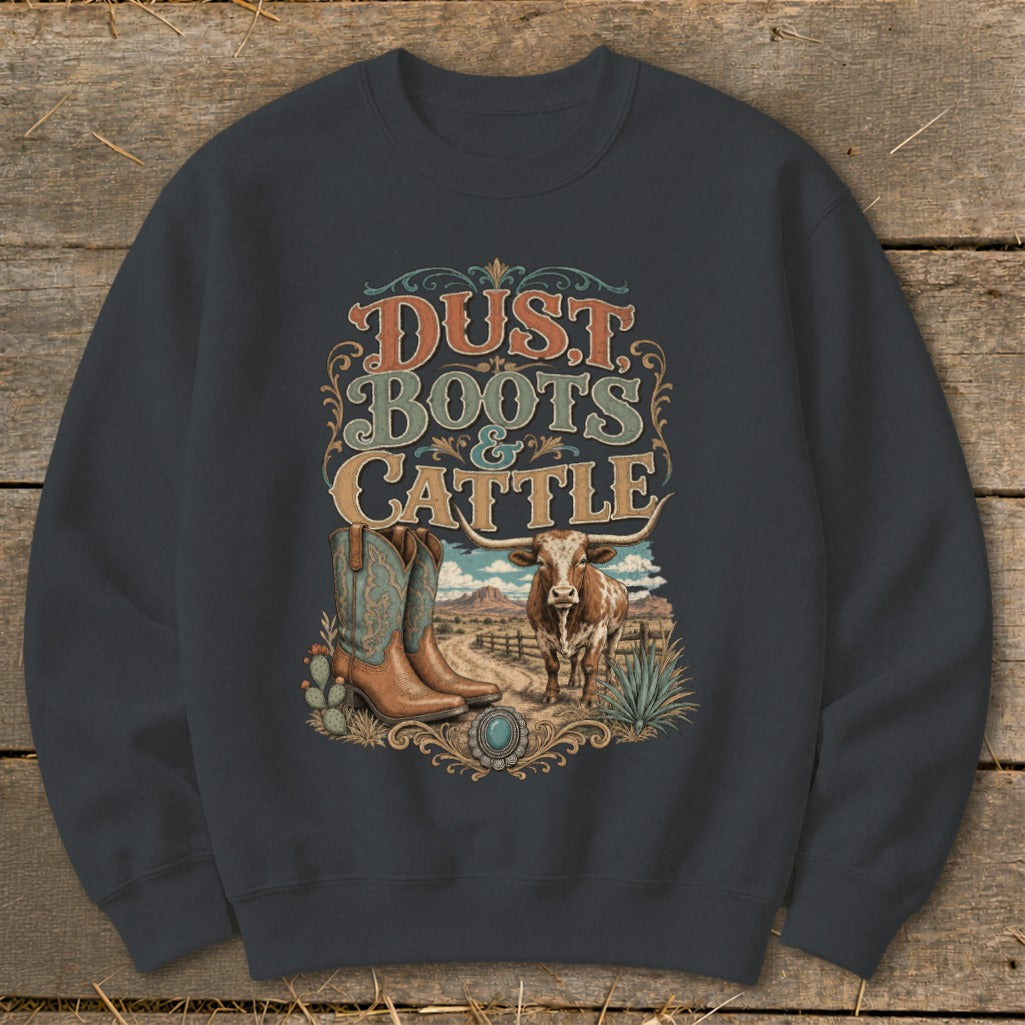 Dust Boots & Cattle graphic on charcoal sweatshirt with cowboy boots and bull.