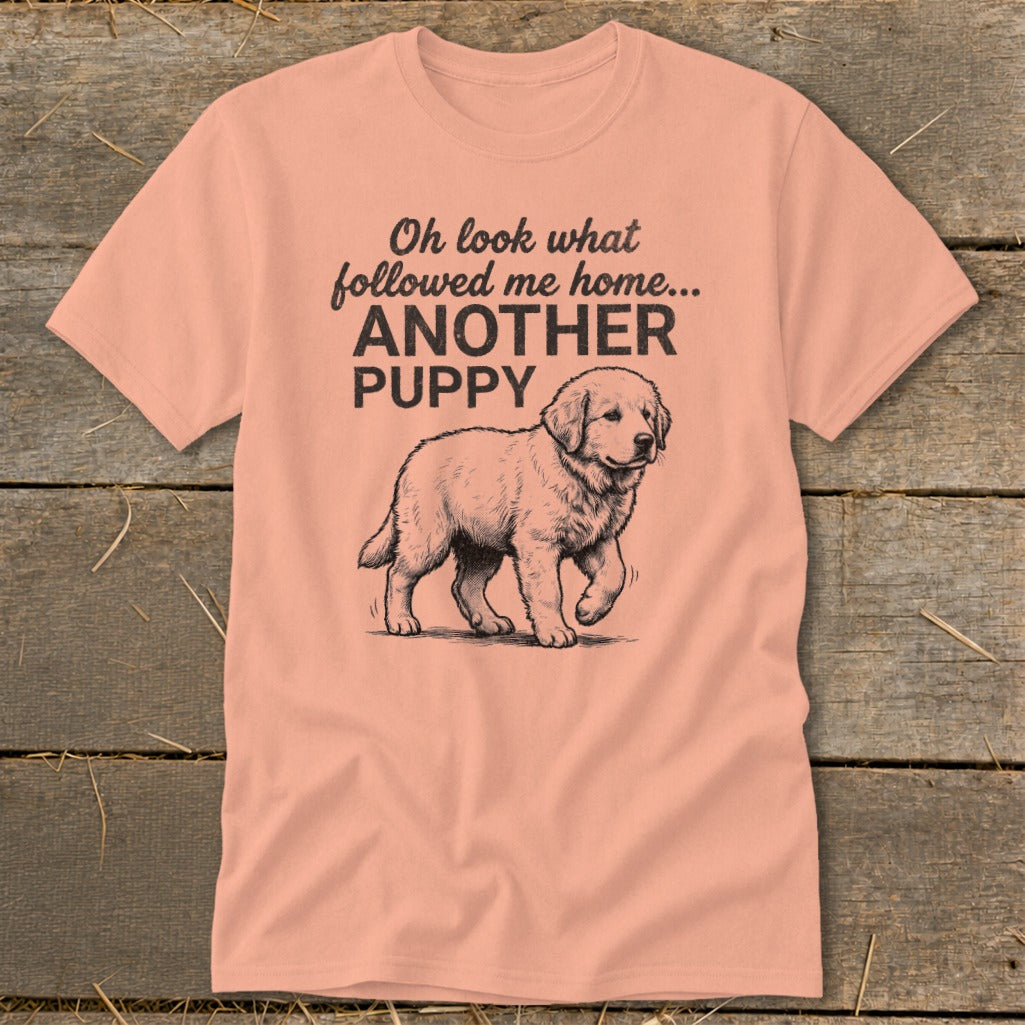 Peach t-shirt with drawing of a puppy and text "ANOTHER PUPPY".