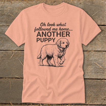Peach t-shirt with drawing of a puppy and text "ANOTHER PUPPY".