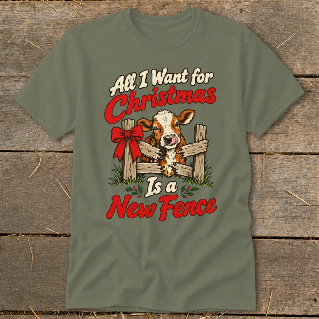 Cow behind a wooden fence with text "All I Want for Christmas Is a New Fence".
