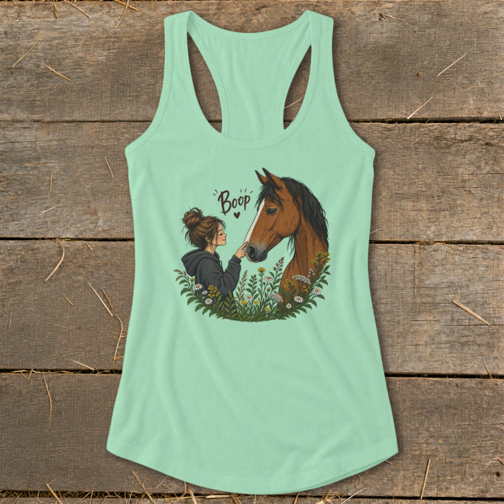 Illustration of girl and horse with the word "Boop" and a heart.