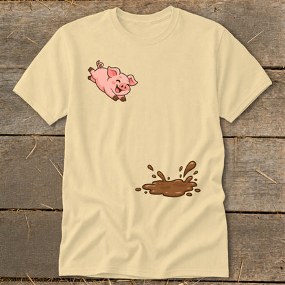 Cream t-shirt with illustration of a happy cartoon pig jumping over a splash of mud.