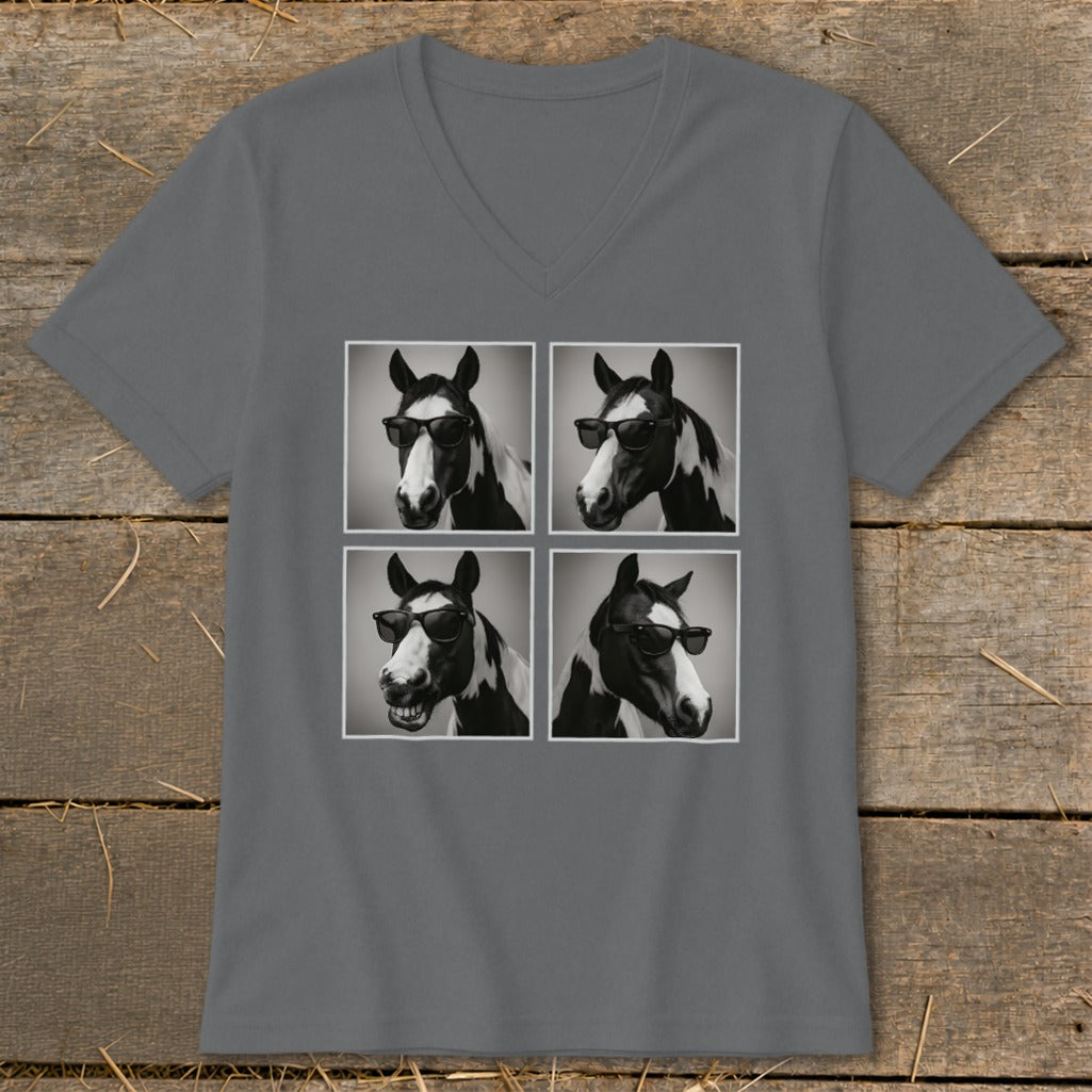 Four black and white portraits of a horse wearing sunglasses on a grey t-shirt.