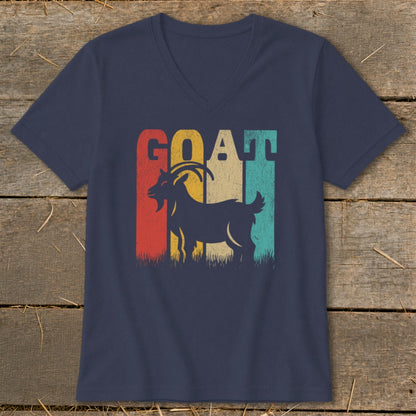 Navy t-shirt with silhouette of goat and "GOAT" in retro distressed text.