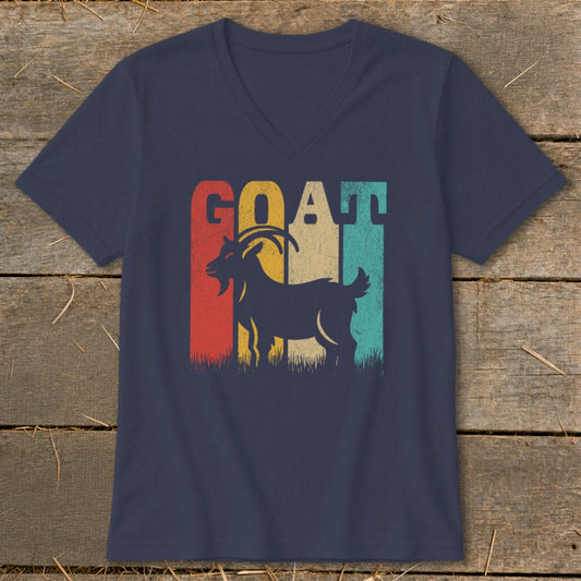 Navy t-shirt with silhouette of goat and "GOAT" in retro distressed text.