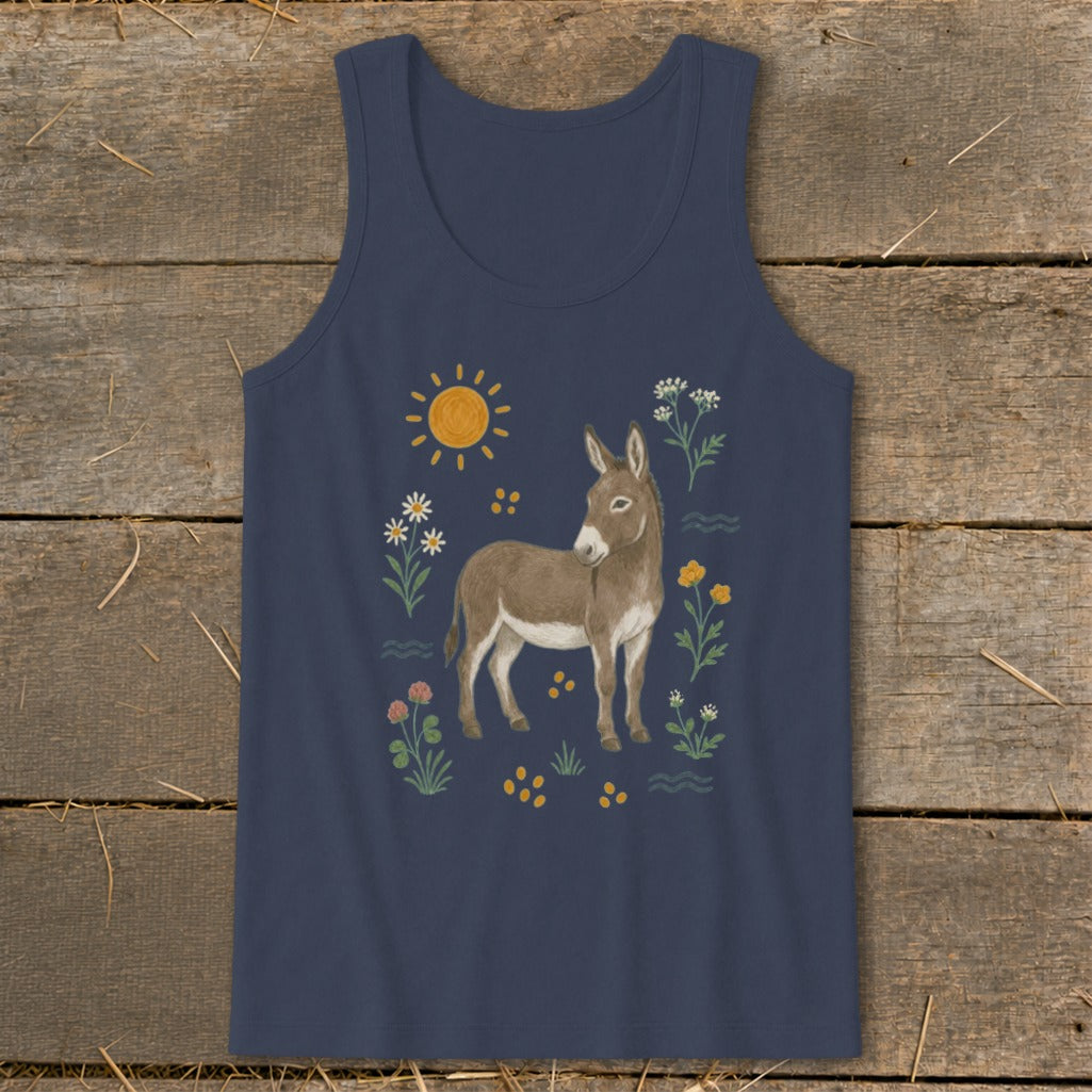 Dark navy tank top with a watercolor illustration of a donkey surrounded by wildflowers and a sun.