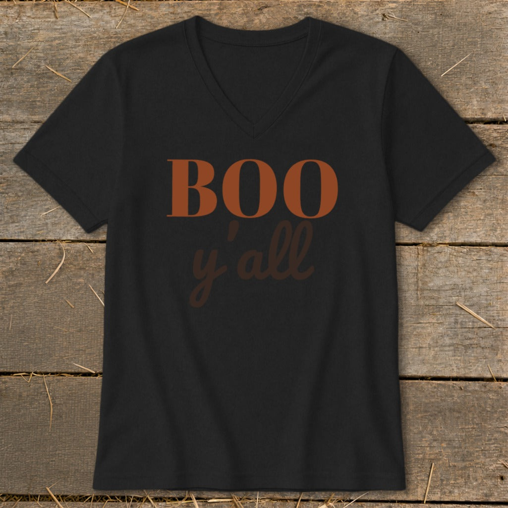 Black v-neck t-shirt with "BOO y'all" graphic in brown and orange.