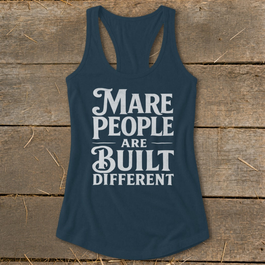 Navy racerback tank top with white text reading "Mare People Are Built Different".