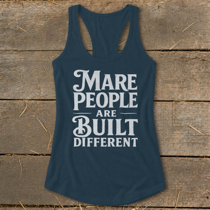 Navy racerback tank top with white text reading "Mare People Are Built Different".