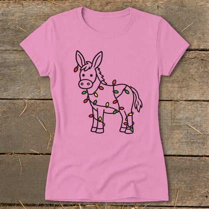 Pink t-shirt with a cartoon donkey wrapped in Christmas lights.