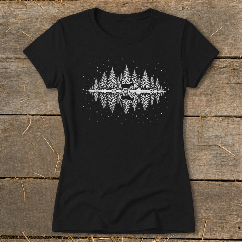 Black t-shirt with white graphic of trees, guitar, and reflections.