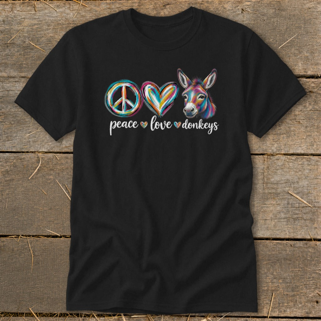 Black t-shirt with "peace love donkeys" text, peace sign, heart, and donkey graphic.